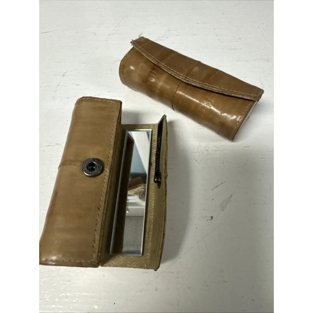 Vtg 2 x EEL Skin LIPSTICK Case HOLDERS w/ MIRROR‎ Snap Close NEW Old Stock Korea